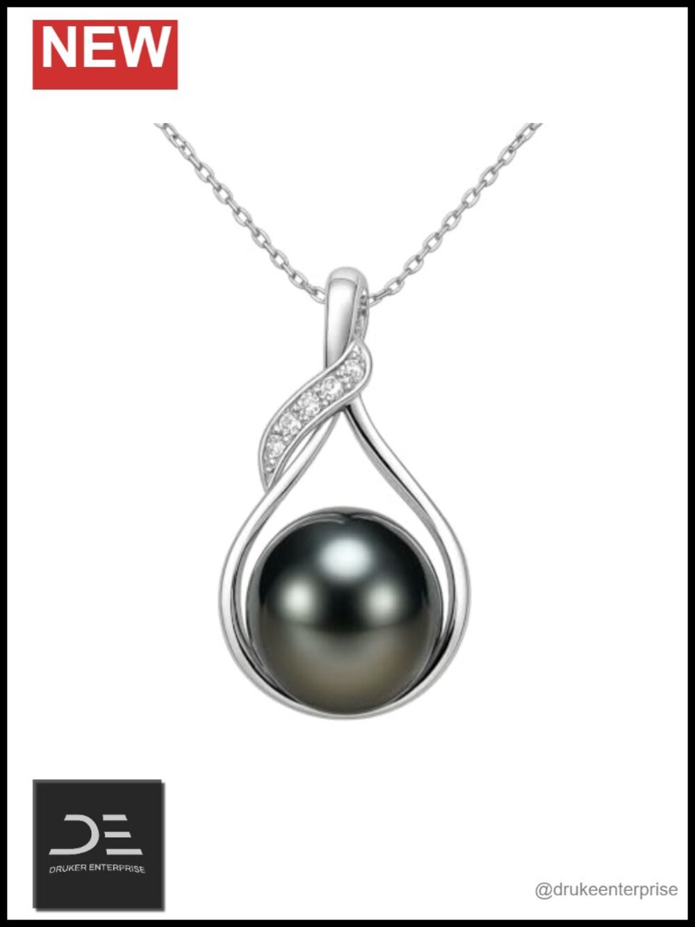 Tahitian Black Pearl Pendant Necklace 925 Sterling Silver White Gold Plated